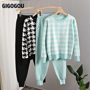 Gigogou Houndstooth Knit Womens Trainingspakken Koreaanse Mode O Neck Woman Pullovers + Harem Broek Tweedelige Sets Y2K Winter Outfits 211105