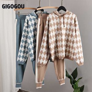 Gigogou tricoté carotte pantalon 2 pièces ensembles Argyle recadrée pull à capuche + grande poche sarouel deux survêtements 211105
