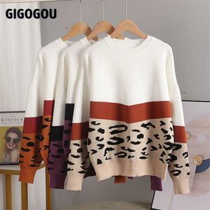 GIGOGOU Leopard Knit Womens Sweater Otoño Invierno Color Block Mujer Jumper Outfits Manga larga Jersey suave Suéteres de Navidad 211215