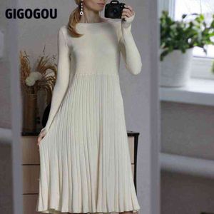 GIGOGOU longue tricot femmes robe pull élégant trou de pouce une ligne robe hiver épais chaud côtelé fête de Noël robe mi-longue G1214