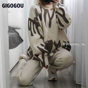 Gigogou losse oversized vrouwen kasjmier trui 2 / twee stuk harembroek pakken stropdas dye winter gebreide trui trainingspakken outfits 211215