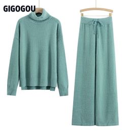 Gigogou Luxe Cashmere Minsk Vrouwen Wide Been Pant Past Dikke Warm Turtleneck Sweater Trainingspakken 2 / Twee Stuk Sets Kleding 211221