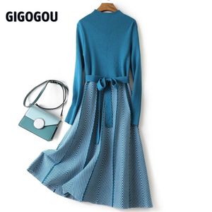 Gigogou Luxe Jacquard Long Knit Women Maxi Sweater Jurk Sahes Turtleneck A Line Dresses Kerstfeest Midi Dress Vestidos 210401