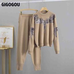 Gigogou luxe lovertjes brei vrouwen trui trainingspakken oversized pullover sweaters 2 stuks harem broek sets vrouwen outfits 210918