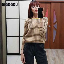 GIGOGOU Plaid Femmes Pulls Et Chandails O Cou À Manches Longues Femme Pull Hiver Automne Élégant Jacquard Chandail Tricoté Tops 210806