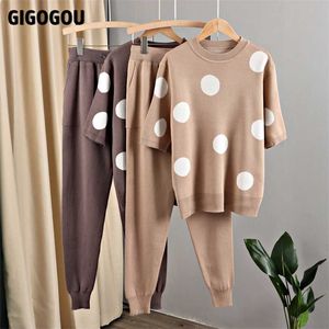 GIGOGOU Polka Dot femmes survêtements High Street printemps automne à manches courtes femmes pull + sarouel costumes 2/deux pièces ensemble haut 211105