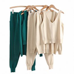 Gigogou printemps automne 3 pièces femmes Cardigan survêtements Fi tricoté poche pantalon ensemble dames pull costume Q6fl #