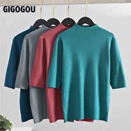 Gigogou lente herfst vrouwen trui solide halve mouw gebreide truien top val chique vrouwelijke jumper jersey shirt trek femme 210812