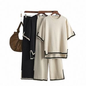 Gigogou Summer Two Piece T-shirt Femmes Tracksuit Fi Knit Casual Short Slets Set Breathable Ladys Pant Suit F4BG #