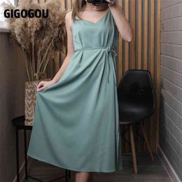 Gigogou zomer vrouwen spaghetti riem jurk effen kleur midi verstelbare mouwloze Koreaanse chic es vestido 210623