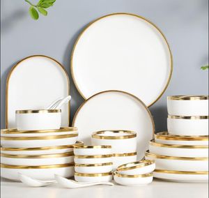 Gilt Rim White Porcelain Dinner Plate Set Kitchen Plate Ceramic Tableware Food Dishes Rice Salad Noodles Bowl Mug Cutlery Set