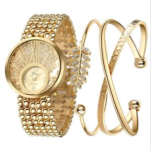 GINAVE Europese en Amerikaanse Diamond Quartz Dameshorloge 18K Bladgoud Armband Casual Set Exquisite Wrist Watches2559