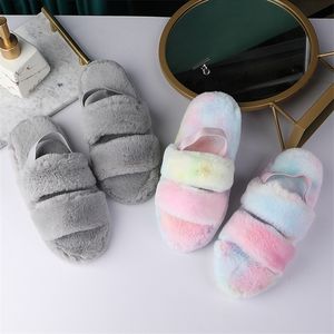 Ginchasio Dames Slippers Faux Bont Herfst Winter Warm Pluche Grijs Kleur Antislip Cozy Home Furry Slippers Y1120