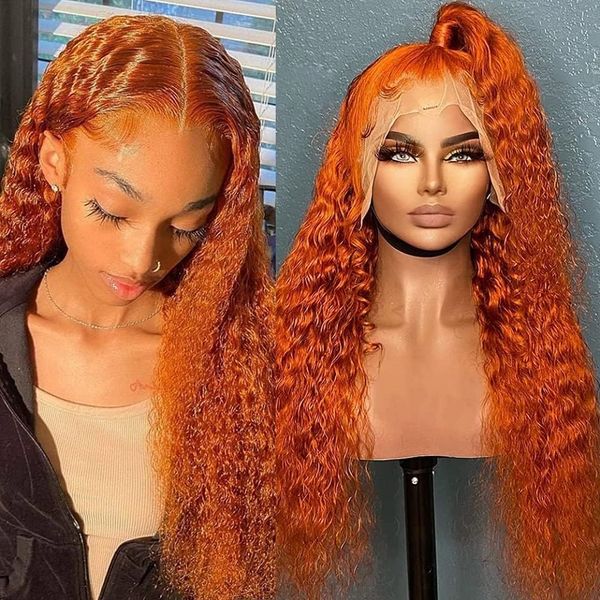 Peluca Frontal de encaje de onda profunda transparente 13x6 naranja jengibre peluca con malla Frontal recta de color pelucas de cabello humano rizado para mujeres