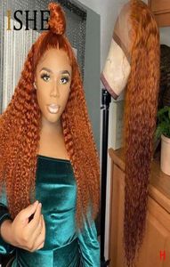 Perruques de cheveux humains de couleur orange gingembre pré plumées 13X6 partie bouclée perruques avant de dentelle pour les femmes noires naturel Remy sans colle 1507651695