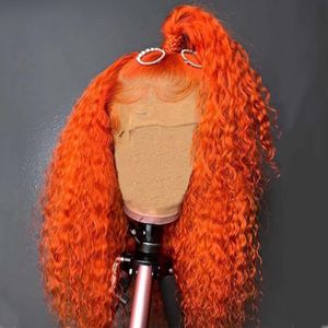 Perruque Lace Front Wig synthétique ondulée Orange gingembre 13x4, perruques de cheveux humains bouclés avec cheveux de bébé Remy pre-plucked, perruque de fermeture en dentelle synthétique pour femmes