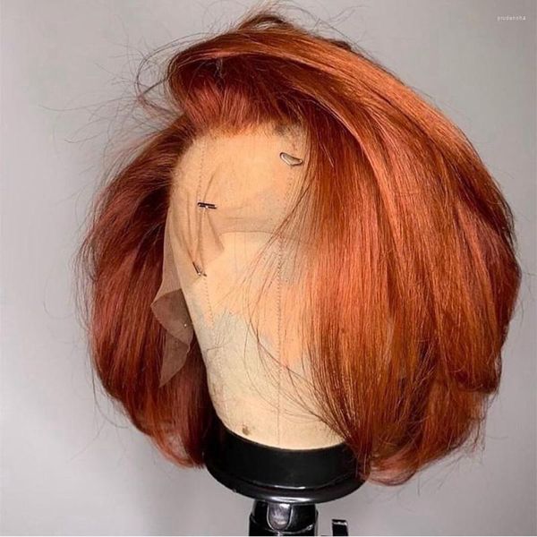 Peluca Bob de color naranja jengibre, naranja, verde menta, pelucas de cabello humano con encaje frontal en T, línea de cabello prearrancada con bebé rojo burdeos para mujer