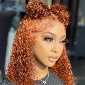 Ginger naranja peluca de cabello humano rizado corto para mujeres negras ondas profundas peluca frontal 13x4 pelucas frontales de encaje rizado profundo transparente