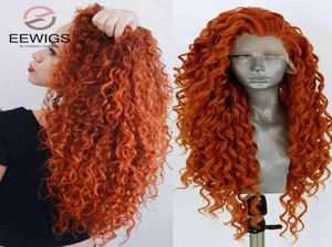 Ginger Synthetische kant Vront Wig Heat resistent Long Red Pink Deep Wave Kinky Kinky Curly Drag Queen Cosplay Pruiken voor vrouwen Eewigs2205118937114