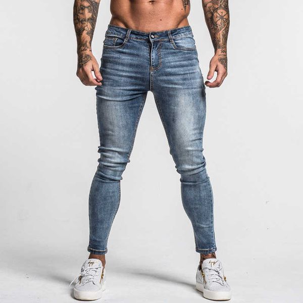 Gingtto hommes jean skinny délavé bleu taille moyenne classique Hip Hop Stretch pantalon coton confortable goutte approvisionnement zm46 210622