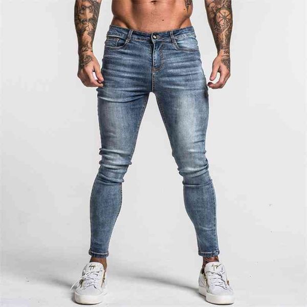 Gingtto Jeans ajustados para hombre Faded Blue Cintura media Clásico Hip Hop Pantalones elásticos Algodón Cómodo Drop Supply zm46 210716