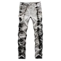 GINZOUS Heren Tie and Dyed Snow Washed Denim Jeans met Ketting Streetwear Slim Stretch Broek Grijs Zwart Trousers261q