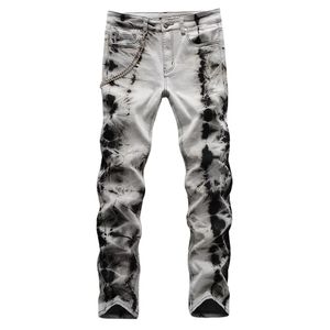 GINZOUS hommes cravate et teint neige délavé Denim jean avec chaîne Streetwear Slim Stretch pantalon gris noir pantalon261q