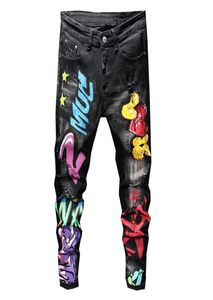 GINZOUS Men039s Gescheurd stretchdenim met print, Zwarte skinny jeans Mode-streetwear, Fancy kleurletters Geschilderd taps toelopend potlood Pan2577284