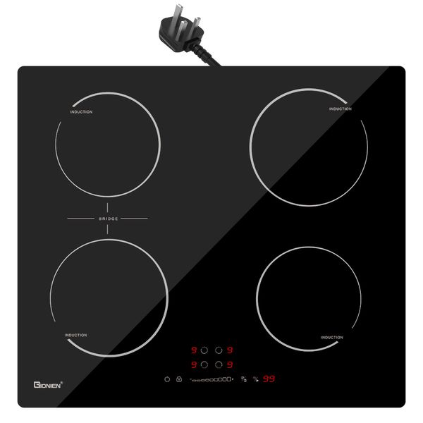 Gionien Plug-In Induction HOB 13 Amp 2800W, 60 cm Trate de cuisson électrique intégrée avec zone de pont, 4 bagues de cuisson Cuisine Git470SP