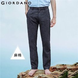 Giordano Hombres Pantalones Lino Algodón Pantalones finos Hombres Slant Pocket Zip Fly Straight Casual Pantalones Hombre 01110339 201217