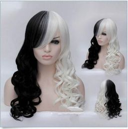 Girl's Fashion Cosplay Wig Black White Synthetic Long Curly Wigs Anime Wig+ Cap