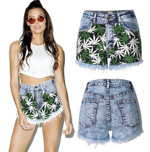 Girl's Print Leaf High Taille Stretch Snowflake Denim Cotton Shorts Hot Sale