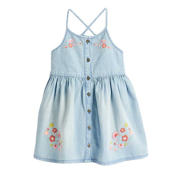 Niña 2021 verano Casual algodón sin mangas camisa vestido flor aplique azul claro botón vestido para niños 2-7 años S0922 Q0716