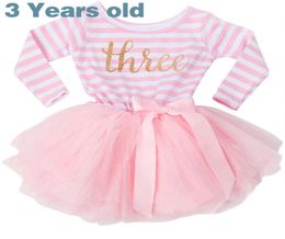 Meisje 3 jaar verjaardagsjurk 2019 Kindjurk Babymeisjes met lange mouwen Battesimo Roze prinsessenmeisjesjurken Gestreepte baljurkjurken 6377018