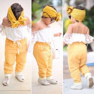 Fille bébé vêtements enfant en bas âge ensembles été filles hors épaule chemise blanche + manches courtes + pantalon jaune + bandeau enfants 3 pièces costumes
