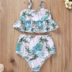 Fille Plage Porte-Jarretelles Sans Manches Noix De Coco Imprimé Maillot De Bain Ensemble Bébé Col En V Imprimé Floral Maillot De Bain Costume Deux Pièces Enfants Summe308S