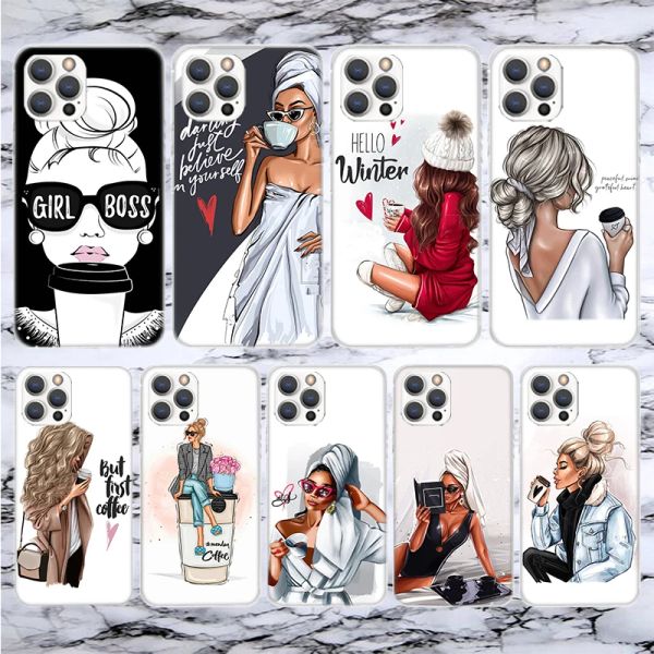 Girl Boss Coffee Café de teléfono suave para iPhone 14 13 12 Mini 11 Pro Max 15 + x xr xs 7 más 8 6s 5s SE 2020 Patrón