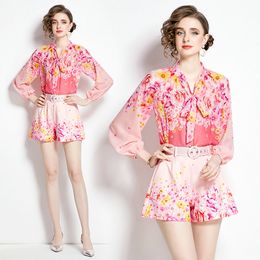 meisje boutiqu shirt broek tweedelige sets 2024 lente zomer blouse broek bedrukte sets high-end trend dame strik bloemen tops broekpakken
