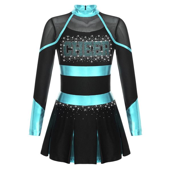 Girl Cheerleading Performance Dance Costume Femme Cheerleading Uniforme à manches longues Shining Water Diamond Transparent Mesh Robe 240425