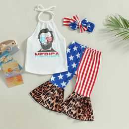 Girl Children Summer Clother stelt Europa en Amerika hangende nek top +vlaggedrukte belbodembroek +haaraccessoires 3-koppig pak S2180