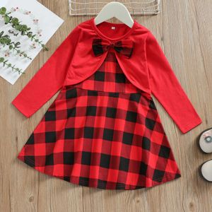 Meisje kerstjurk 1-5Y herfst winter lange mouw jurk casual plaid print rok met boog partij vooravond jurken Nieuwe 2022 G1026