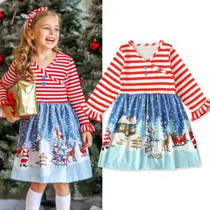 Niña Vestido de Navidad Niños Muñeco de nieve Papá Noel Vestido estampado Volantes Manga larga Rayas Con cuello en v Arco Faja Falda Niños Diseñador Ropa M477