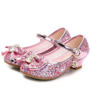 Girl Classic Bow Pu Leather For Girls Party Dance Kinderen Jaren Jaren Princess High Heel Child Wedding Shoes L L S