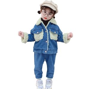 Meisjeskleding set denim jasje jeans meisje kleding katoenen gekateld meisje kleding herfst winter kinderkostuum 210412