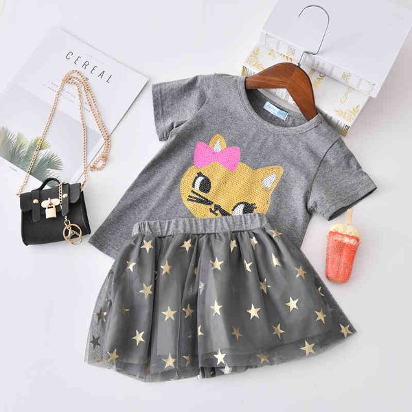 Ropa de niña Estilo de verano Camiseta corta de dibujos animados + Vestido plisado 2PCS Set Baby Girls 210515