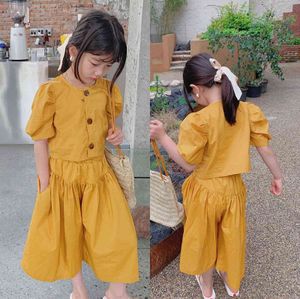 Meisje kleding set solide blouse shirt en brede broek unieke ontwerp mode kinderkleding set Korea stijl baby meisje kleding 210715