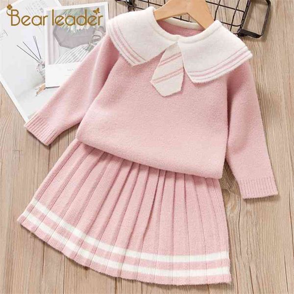 Vêtements pour filles Ensemble printemps hiver enfants vêtements costume à manches longues col cravate mignon enfants tricots tenue 2pcs 210429