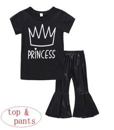 Girl Crown Print 2pcs Set Summer Cotton Black Tops Baby Pu Leather Bellbottom Pantalon Princess Letter Print 15T5916948
