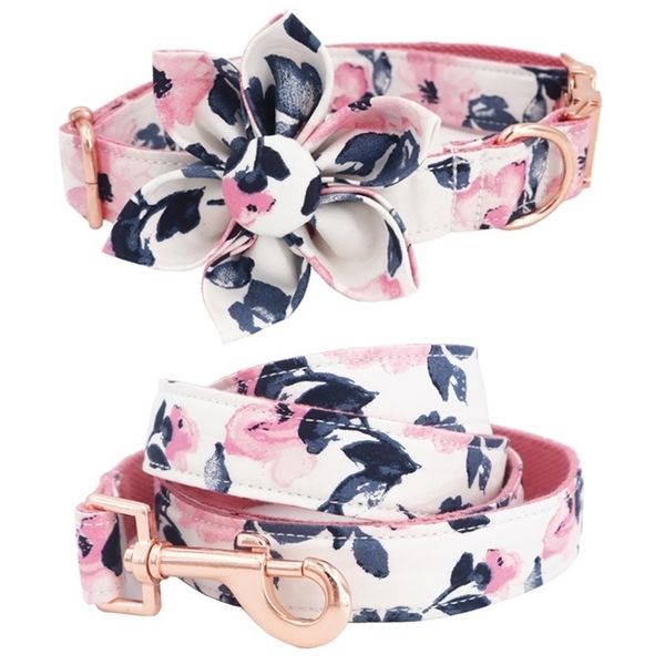 Girl Dog Collar Dog Flower and Leash Set for Pet Dog Cat avec Rose Gold Metal Buckle T200517