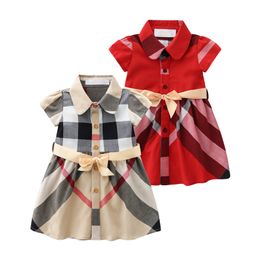 Robe de fille à la mode Robe chemise à carreaux pour filles Robe de soirée pour enfants à simple boutonnage avec ceintures Automne Angleterre Vêtements pour filles 1-6 ans